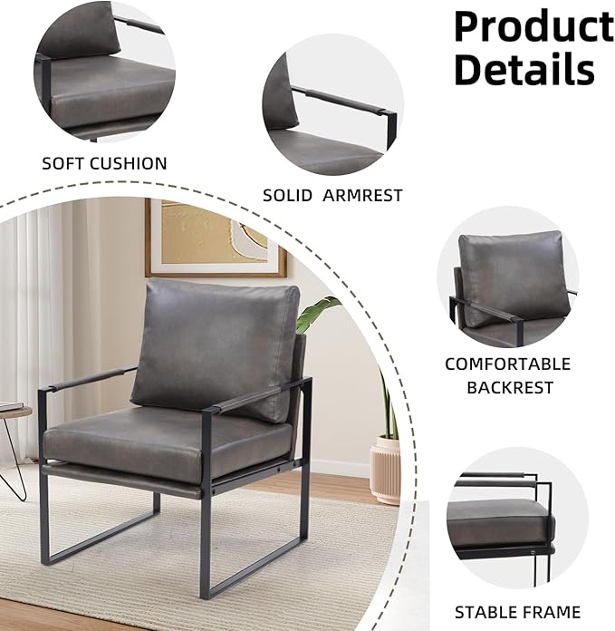 INZOY Mid Century Modern Accent Chair with Removable Cushions Set of 4 Comfy PU Leather Living Room Chairs with Thicker Backrest and Cushion Metal Frame Design Dark Grey