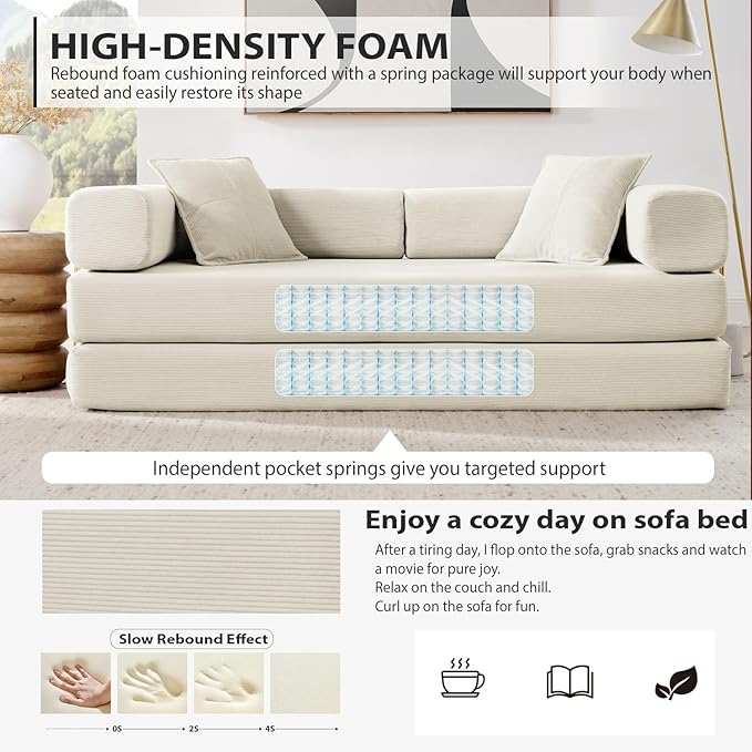 4-in-1 Folding Convertible Sofa Bed 78 Inch Boneless Couch with Fixed-Shape Frame Corduroy Loveseat Sleeper with Pull Out Bed Floor Sofa Modular Futon Couch for Living Room Bedroom Lounge (Beige)