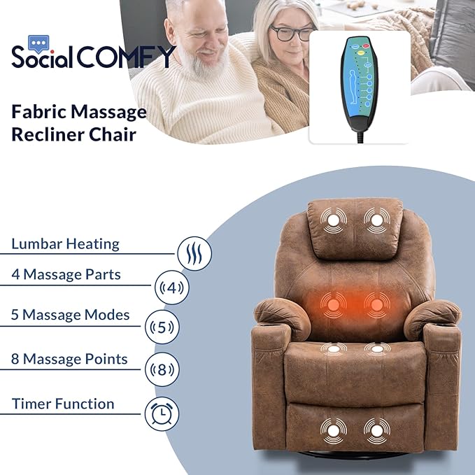 Manual Swivel Glider Rocker Recliner Chair with Heated Massage Ergonomic Lounge 360 Degree Swivel Sofa Seat with 2 Cup Holders Side Pockets &amp USB Ports for Living Room Brown