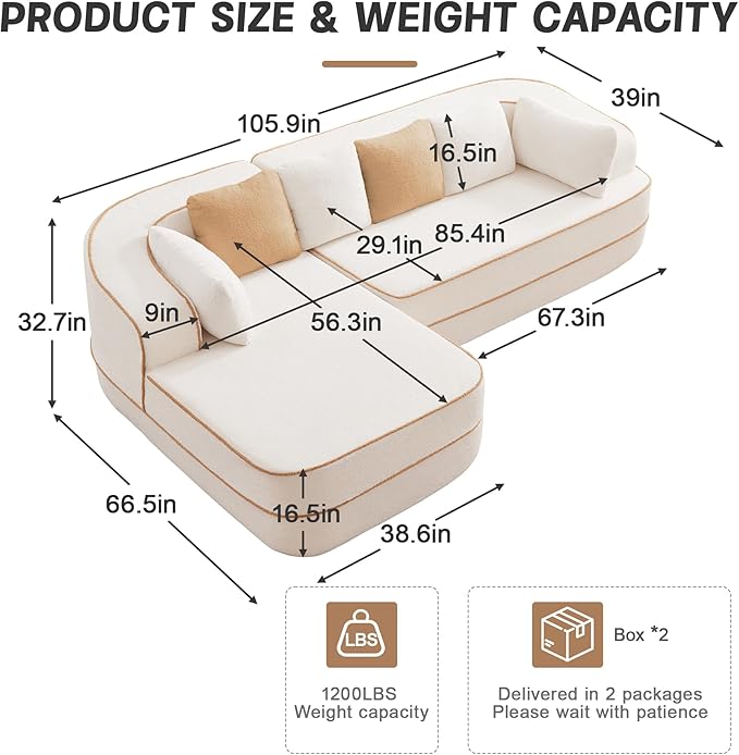 105.9 L-Shaped Boneless Sofa Left Chaise Plush Teddy Fabric 3-Seater Sectional Couches with 32D High-Resilience Foam Wide Arms for Living Room ApartmentWhite