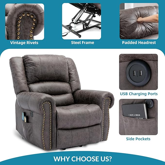 Power Electric Lift Recliner Chair with Massage and Heat for Elderly 2 Remote Controls 2 Side Pockets and USB Ports (Grey)