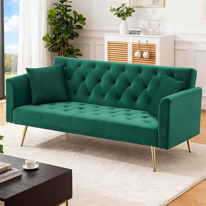 71Convertible Futon Sofa Bed - Modern Velvet Sleeper Couch with Adjustable Backrest Tufted Recliner with Golden Chrome Legs &amp 2 Pillows Perfect for Small Spaces Living Room &amp Apartment (Gr