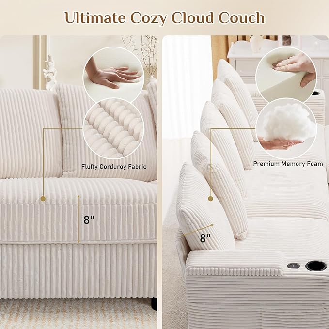 110 Oversized Cloud Couch U Shaped Modular Sectional Sofa L Shaped Sectional Couches for Living Room Comfy Corduroy Cloud Sofa with Ottoman USB Port Cup Holder Armrest Storage Side Pocket Beige