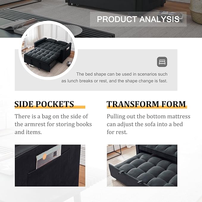 Futon Sofa BedModern 3 in 1 Convertible Sleeper Sofa Pull Out Couch Bed with Adjustable Backrest Storage Pockets and Toss Pillows for Living Room Bedroom (Black)