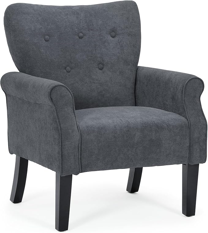 Athena Collection Mid Century Accent Chair with Rubberwood Legs Upholstered Modern Armchair with High Back Tufted Backrest and Angled Back Legs for Living Room Bedroom Vanity Lava Gray