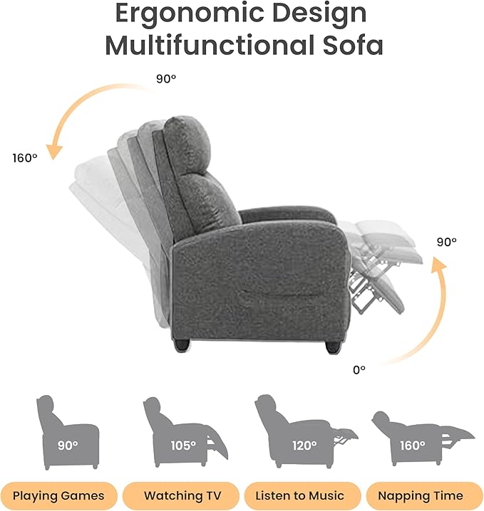 HealSmart Adjustable Push Back Recliner Chair Soft Fabric Lounge Sofa for Reading &amp Relaxing Perfect Home Theater Chair for Living Room &amp Bedroom Grey