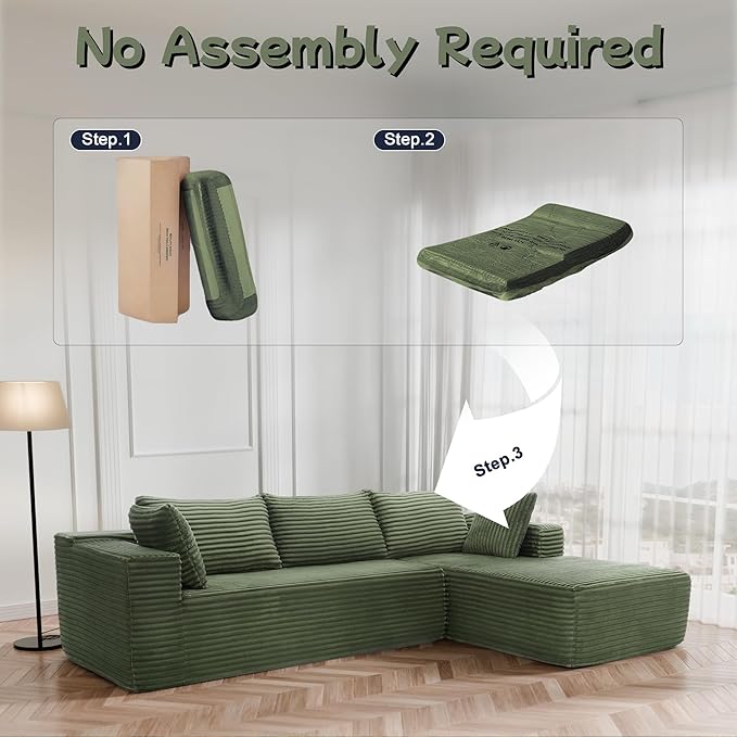 Cloud Sectional Couch 105” Fluffy Modular L-Shape Sofa with Left Chaise Lounge Modular Sectional Sofa in a Box Boneless Couch for Living Room No Assembly Required Flannel Green