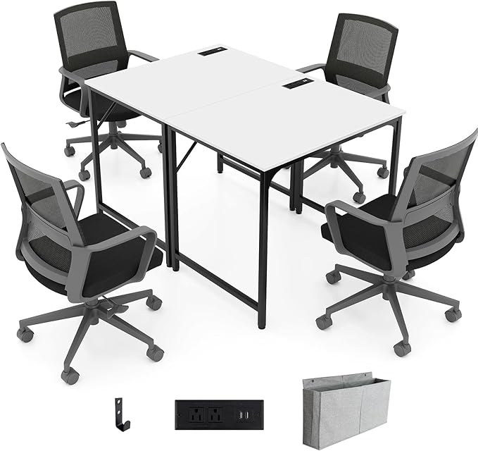 32 Inch Computer Desk Set of 2 Modern Writing Desk with Heavy-Duty Metal Frame Storage Bag &amp Charging Station Rectangular Home Office Workstation Table for Conference Study &amp Meeting Room
