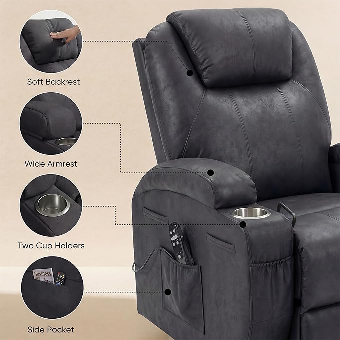 Flamaker Swivel Rocker Recliner for Adults 360 Glider Rocking Chair with Vibration Massage Upholstered Recliner Chair with 2 Cup Holders &amp Side Pockets for Living Room Nursery (Leathaire Black