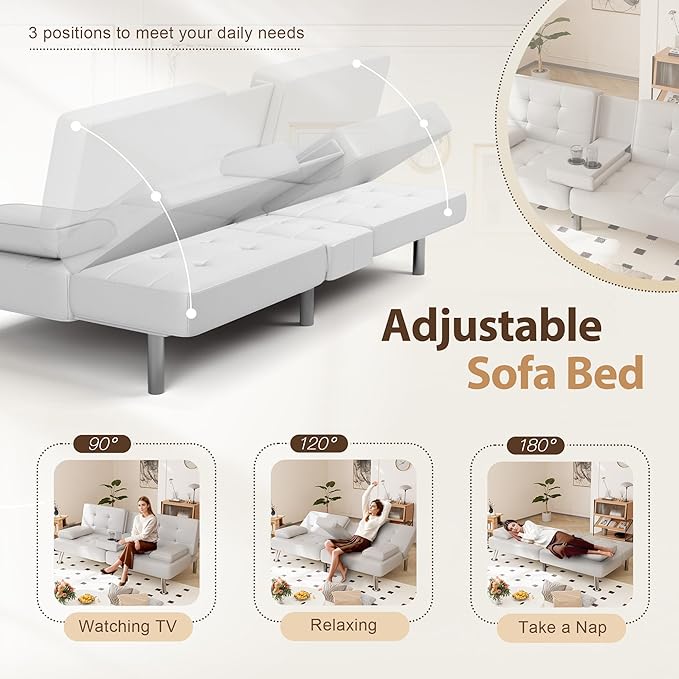 Shahoo Convertible Folding Futon Sofa Bed Sleeper Couch for Living Room Faux Leather Upholstered Loveseat w/Removable Armrests Metal Legs 2 Cup Holders White