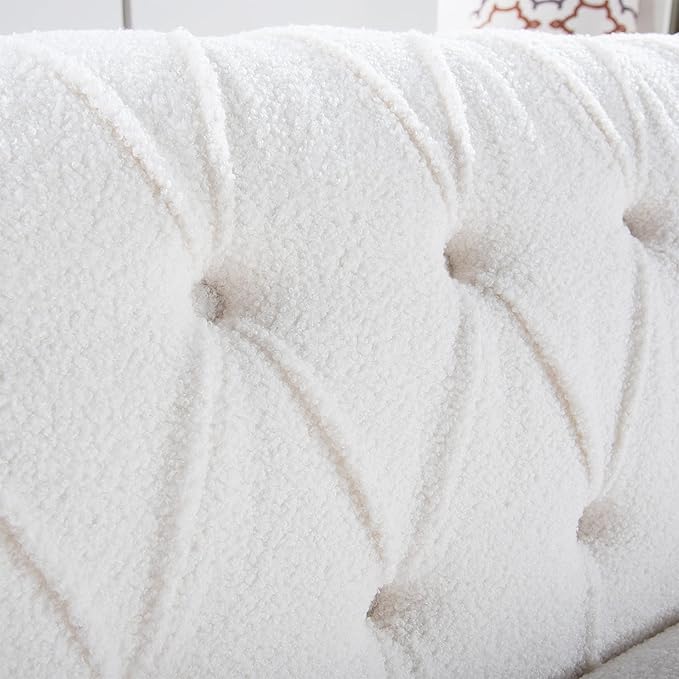 GDFStudio 85 Tufted Button Chesterfield Sofa with Deep Seat Cushions Rolled Arms &amp Gold Accent Strip 3-Seater Midcentury Modern Sofa for Living Room Classic Couch Furniture White + Polyester
