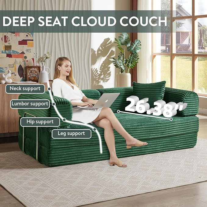 81 Inch Convertible Folding Sofa BedFold Out Floor Sofa Couch with Fixed-Shape FrameCorduroy Foldable Mattress Cloud Couch for Living Room Bedroom (Green)