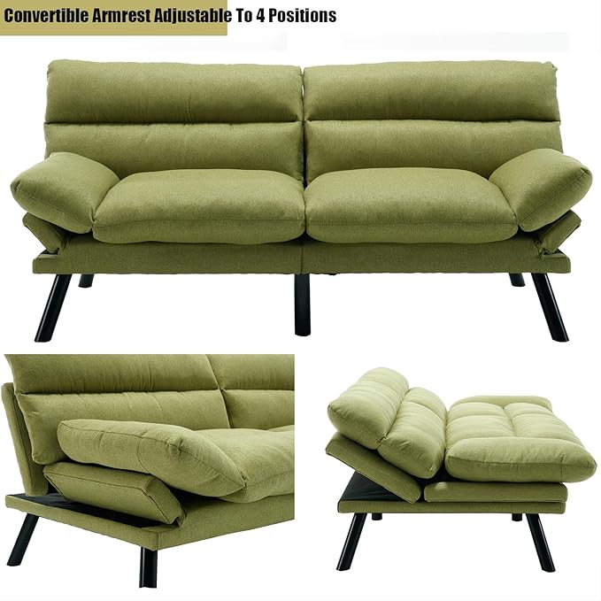 70Modern Linen Convertible Folding Futon Couch Sofa Bed Adjustable Pillow Top Arm Memory Foam Couch Double Loveseat Sofa for Compact Living SpaceDormGame StudioApartmentBedroom (Green)