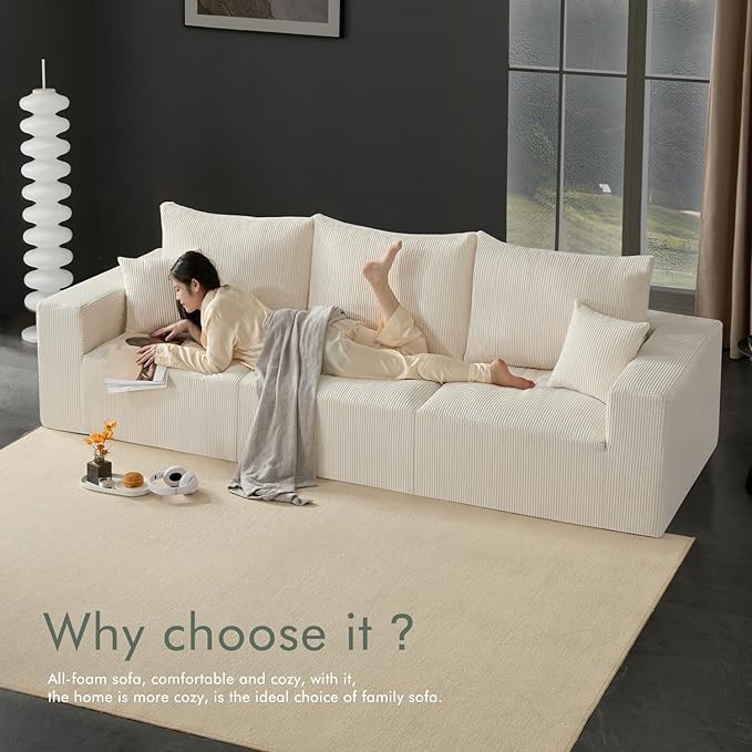 113 Modular Sectional Couch Cloud Boneless Sofa with Deep Seats Upholstered Corduroy Sofa Bed with Loung Chaise 3-Seater Couches for Living Room No Assembly Required Beige