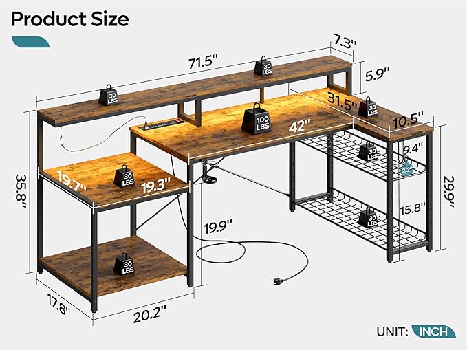 Bestier 71.5 inch Computer Desk with Power Outlets LED Large Home Office Desk with Monitor Stand L Shaped Corner Desk with Printer Stand Adjustable Shelf Cup Holder &amp Headset Hooks Brown