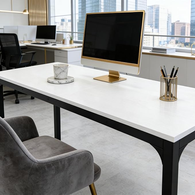 78 Inch Long Computer Desk 2 Person Executive Office Desk Extra Large Double Workstation Simple Study Student Writing Table for Home Office (White+Black)