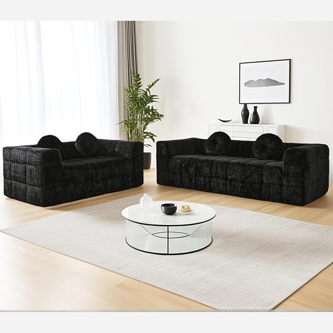 2 Piece Modern Boneless 86 3 Seater + 66 Loveseat Sofa with Two Throw Pillows Lychee-textured Long-pile Polyester Fabric Checkered Fabric Design Foam Couch (Black 3-Seater+Loveseat Sofa)