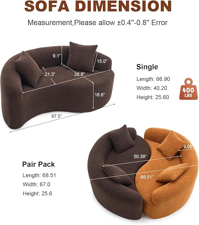 KEIKI S-Curved Loveseat Chenille Couches with 2 Pillows Upholstered Luxury Plush Cloud Sectional Sofa for Living Room Apartment Full Sponge Compression