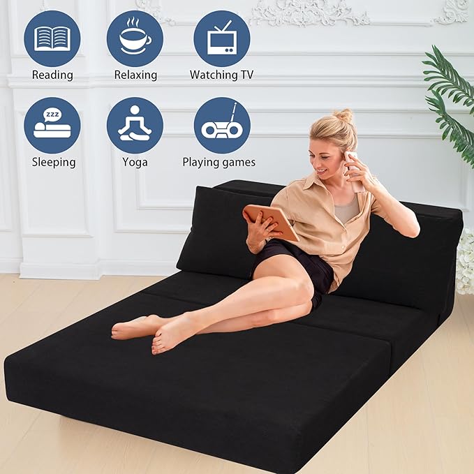 Sofa Bed Foldable Mattress Folding Sleeper Sofa Chair Bed Floor Mattress with Pillow for Living Room Home Office (Black-Corduroy Twin)