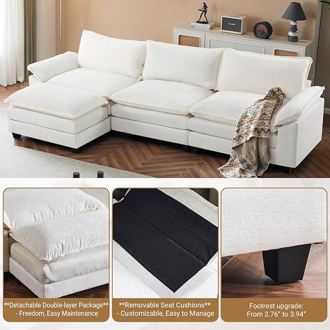 VINGLI 122 Cloud Double-Layer Deep Convertible Sectional Sofa Comfy L-Shape 3-Seat Couches for Living Room Modern Couch with Movable Ottoman for Living RoomChenilleCream