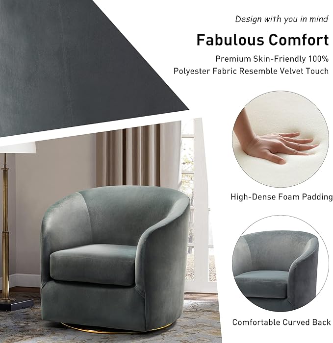 HULALA HOME Swivel Accent Chair with Gold Metal Base Set of 2 Contemporary Velvet Curved Swivel Barrel Chair Upholstered Club Armchair Leisure Single Sofa for Living Room Nursery Bedroom(Grey)