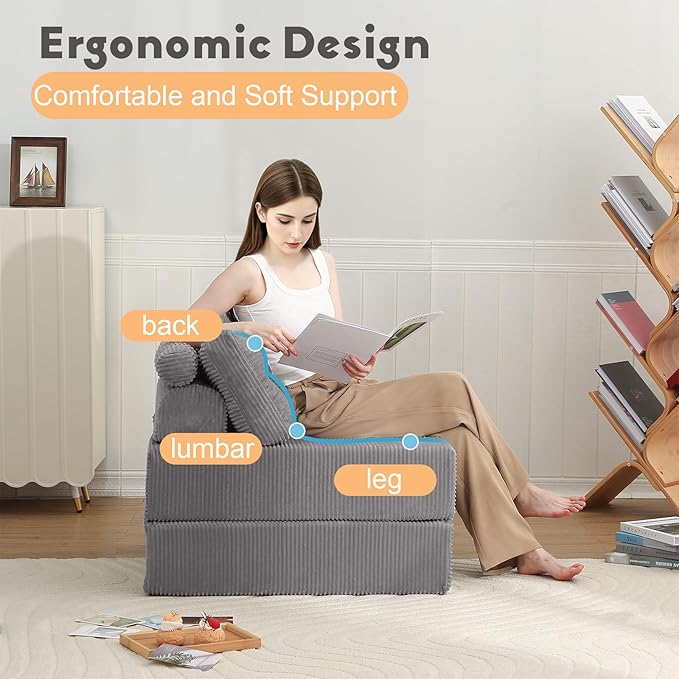 MeMoreCool Folding Sofa Bed Single Grey – Convertible Sleeper Chair with Back Support | Foldable Floor Lounge Mattress Chair with Headrest &amp Lumbar Pillow Ideal for Living Room Bedroom Guest Spa