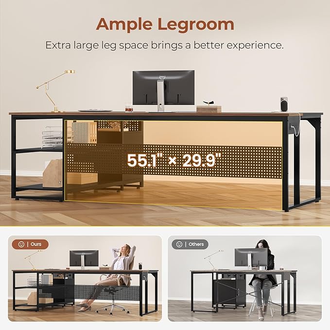 71 Executive Desk Reversible L Shaped Desk with Mobile File Cabinet &amp Power Outlets Large Office Desk with Drawers Storage Shelves Hooks Corner Computer Desk for Home Office (Walnut)