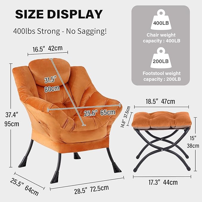 Tiita Lazy Chair with Ottoman Orange Modern Large Accent Armchair Comfy Leisure Sofa Reading Chair with Footrest for Bedroom Living Room Dorm Rooms Garden Velvet Orange
