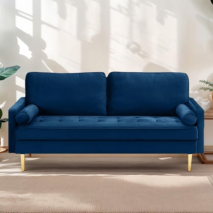 65 Love Seat Sofa Velvet Small Sofa Small Couch for Bedroom Living Room Bedroom Loveseat with 2 Pillows Gold Legs Modern Tufted Seat Upholstered Seating for Office Apartment (Blue)
