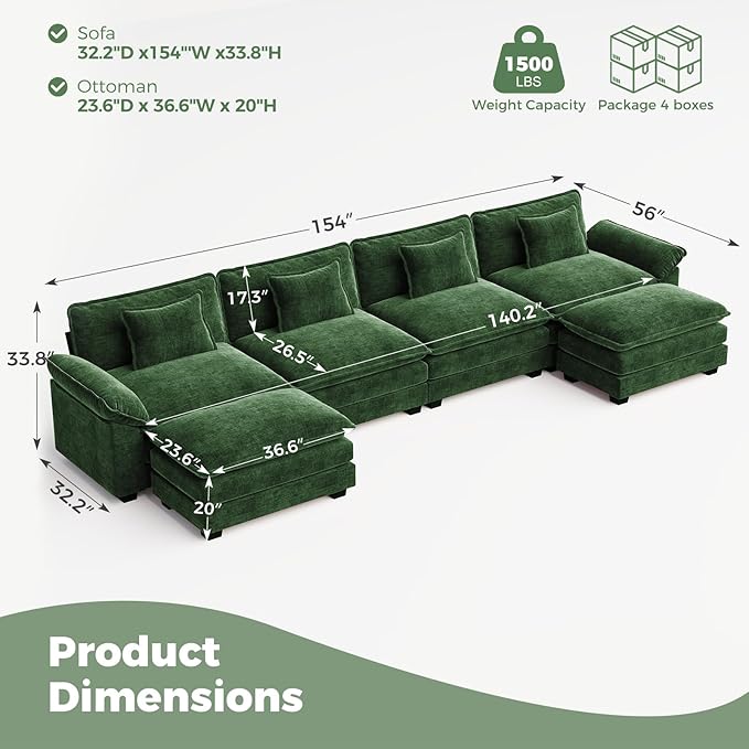 CDCASA 154 Modular Sectional Sofa Comfy U-Shaped Cloud Couch with 2 Movable Ottomans Oversized 6-Seater Chenille Deep Seat Sofa Couch for Living Room DIY Combination Green
