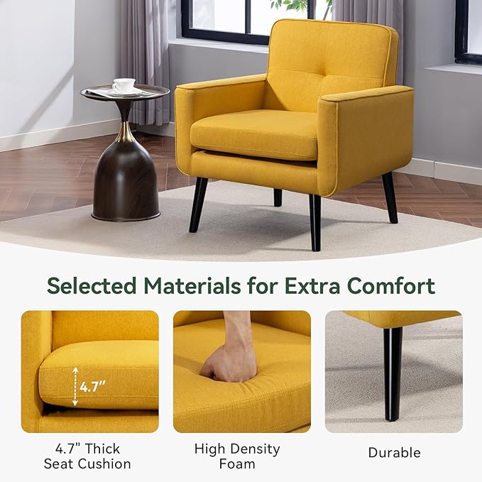 Accent Chair Set of 2 Fabric Modern Chair with Wooden Frame Cozy Armchair Reading Chair with Comfy Back for Apartment Living Room Bedroom Waiting Room Small Space Corner Yellow