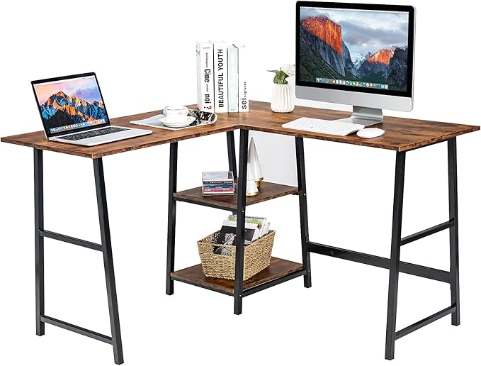 Tangkula L Shaped Desk Space Saving Corner Desk w/ 2 Tier Storage Shelves Study Writing Desk Workstation with Reinforced Metal Frame Home Office Desk (Rustic Brown)