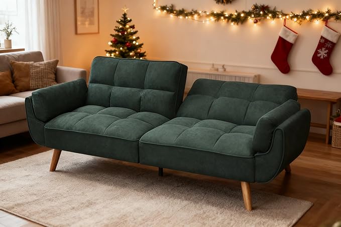 Convertible Futon Sofa Bed Modern Futon Couch with 2 Pillows Small Futons Couch with Adjustable Armrest &amp Backrest Loveseat Sofa Bed for Living Room Bedroom Green