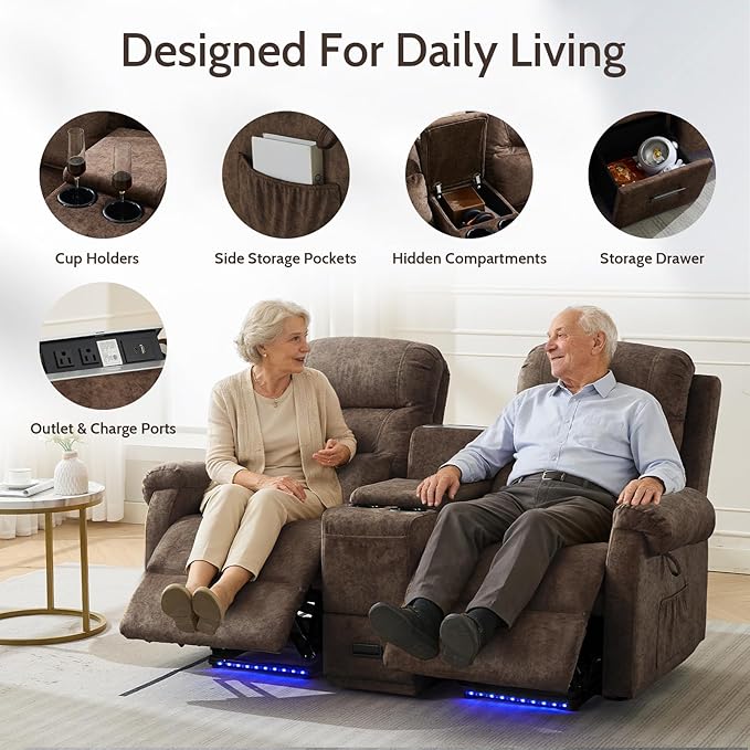 Power Lift Recliner LoveseatVelvet Reclining Loveseat Sofa RV Couch with ConsoleDual Power Lift Recliner Chair for Elderly with Heat and MassageElectric Lift Chairs for Living Room (Brown)