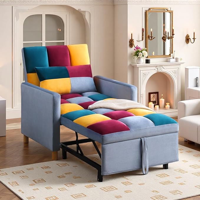 3-in-1 Convertible Sleeper Chair Sleeper Sofa Bed with Adjustable Backrest Lazy Sofa Bed with Pillow Recliner Chair with Sturdy Wood Frame for Living Room Apartment Dorm Rainbow
