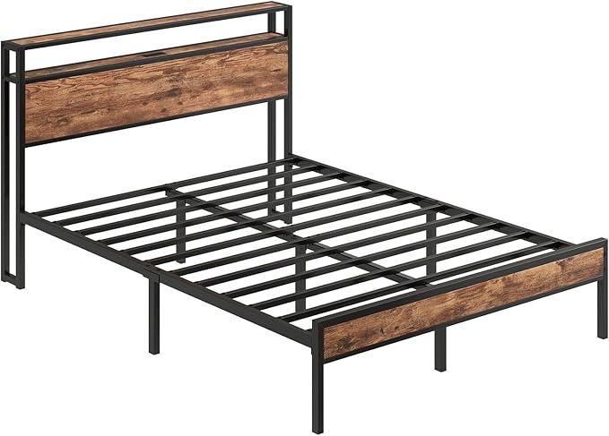 Queen Bed Frame with USB Charging Station &amp Storage Headboard Modern Metal Platform Bed with Large Under Bed Space Noise Free Easy Assembly No Box Spring Needed Rustic Brown