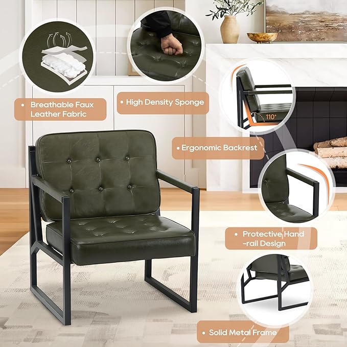 Modern Accent Chair Accent Arm Chair for Living Room Comfy Leather Armchair with Metal Legs for Bedroom Reception Waiting Room Green