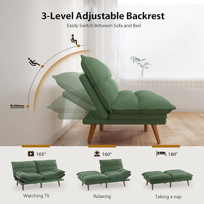 Pipishell Futon Sofa Bed Convertible Futon Adjustable Backrest &amp Armrests Corduroy Sleeper Couch for Small Spaces Living Room Office Guest Room (Moss Green 66 Inch)