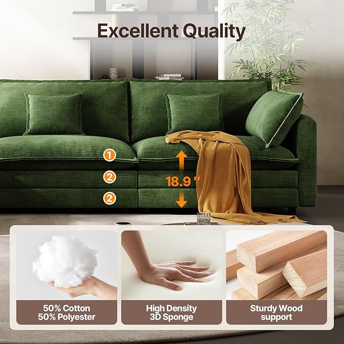 102'' Modular Sectional Sofa Green Couch Cloud Couches for Living Room L Shaped Couch with Movable Ottoman Modern Cloud Sectional Sofas for Bedroom and ApartmentGreen
