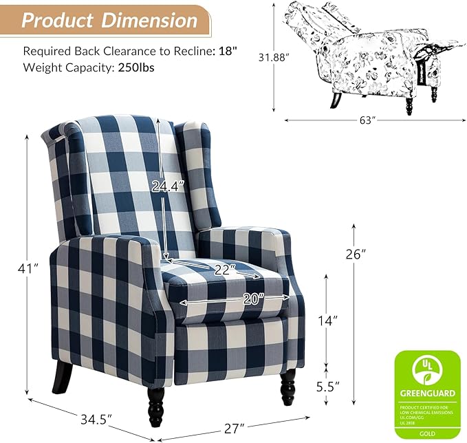 HULALA HOME Wingback Recliner Chairs Set of 2 Traditional Push Back Recliners with Solid Wood Legs Modern Lounge Armchairs for Living Room Comfy Upholstered Accent Reclining Chairs Buffalo Navy