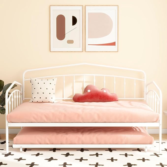 Christopher Knight Home Fox Twin Daybed with Trundle Metal Sofa Bed Set Rollaway Daybed Couch Bed Frame for Bedroom Living Room Guest Room Elegant and Simple Style Anti-Noise Easy Assembly White