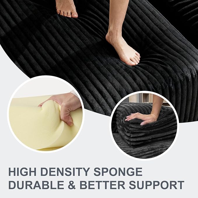 108 Boneless Couch L-Right Shape Sofa Couch with Chaise High-Resilience Memory Foam Corduroy Cloud Sectional Couches for Living Room Offices &amp Leisure Areas No Assembly Required Black