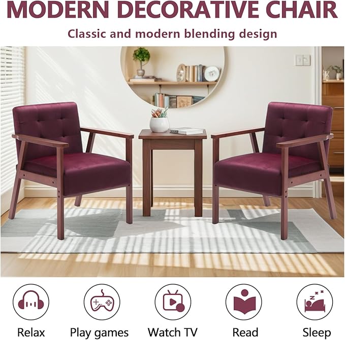 Anwick Mid-Century Accent ChairModern Velvet Living Room Chair with Solid Wood FrameComfy Armchair Lounge Reading Chairs for Bedroom Office Small Spaces (Wine Red)