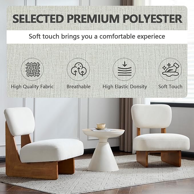 Beige Accent Chair Set of 2 for Small Spaces Armless Accent Chair for Bedroom Side Chairs &amp Comfy Chairs for Living Room Wood Base Comfy Cushion Bedroom Office (Beige+Natural)