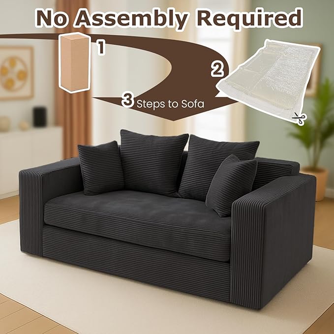 Convertible Sofa Bed Boneless Loveseat Folding Couch Bed Foldable - 3 in 1 Small Ccouch &amp Futon Sofa Sleeper Corduroy Pull Out Couch with 4 Pillows for Living Room Black