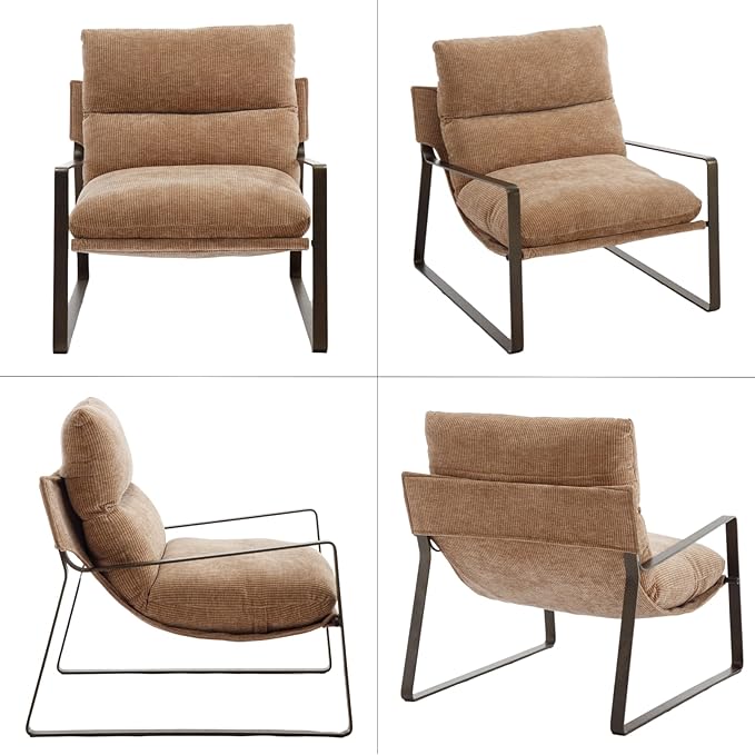 Mid-Century Accent Chair Set of 2 Comfy Chenille Fabric Side Chair with Armrest Upholstered Leisure Chair with Bronze Metal Frame for Living Room Reception Room Khaki