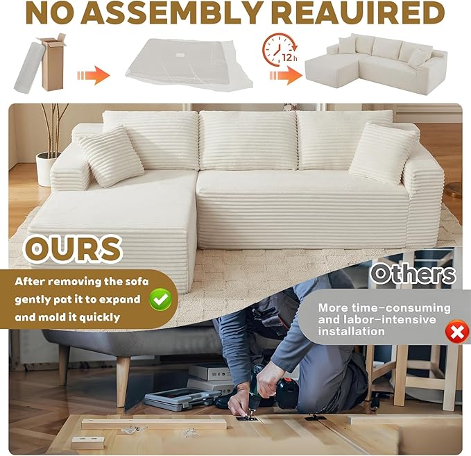 Minimalist Boneless Cloud Couches for Living Room Corduroy L Shaped Modular Sectional Sofa Couch W/Deep Seat &amp High-Back Comfy Memory Foam Couch Sofa in A Box (White Left Facing Chaise)
