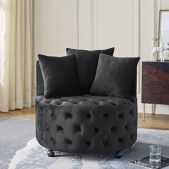 GNIXUU Swivel Barrel Accent Chair 30” Modern Velvet Round Swivel Chair with 3 Pillows and Wheels Comfy Tufted Single Club Sofa Lounge Chair for Living Room Bedroom(Black).