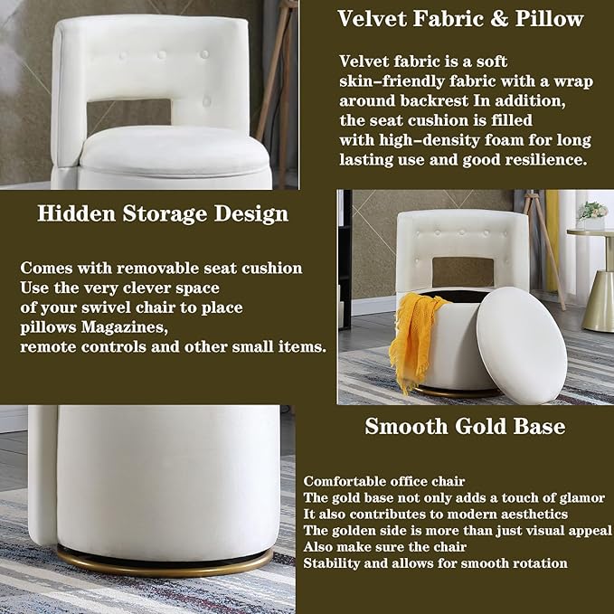 360° Swivel Accent Chair with Hide Storage FunctionModern Velvet Curved Barrel Chair with Gold Metal Base Back Vanity Chair for Living Room NurseryBedroom Upholstered Leisure Chair (Beige)