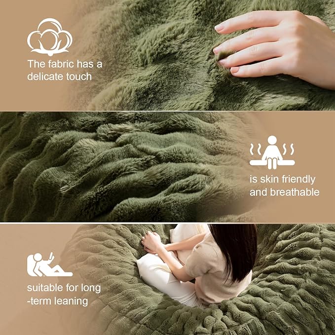 Bean Bag Chair for Adults Floor Bean Bags Offers Ample Space for AdultsMemory Foam Giant Bean BagsLounger Versatile Design Suits Any RoomMovie NightsReading (Rabbit Fur Green 6FT)